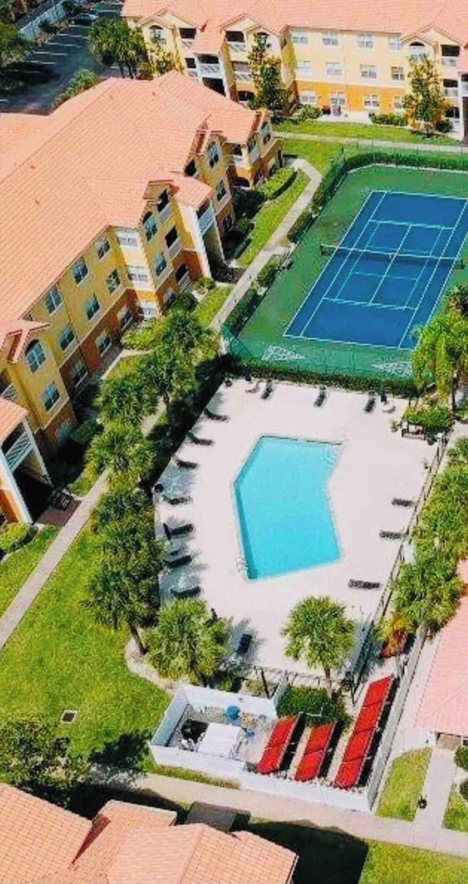 Overhead view of pool/tennis court 