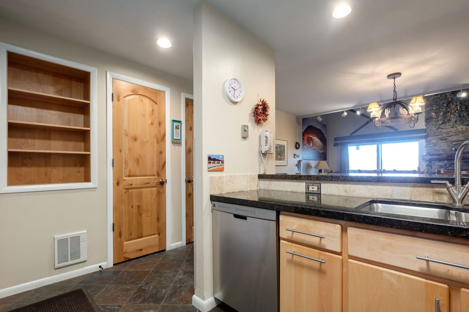 Kitchen overlooking dining and living area