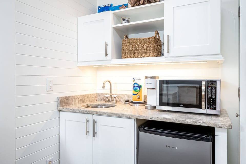 KITCHENETTE WITH MICROWAVE AND MINI FRIDGE IN PRIMARY BEDROOM
