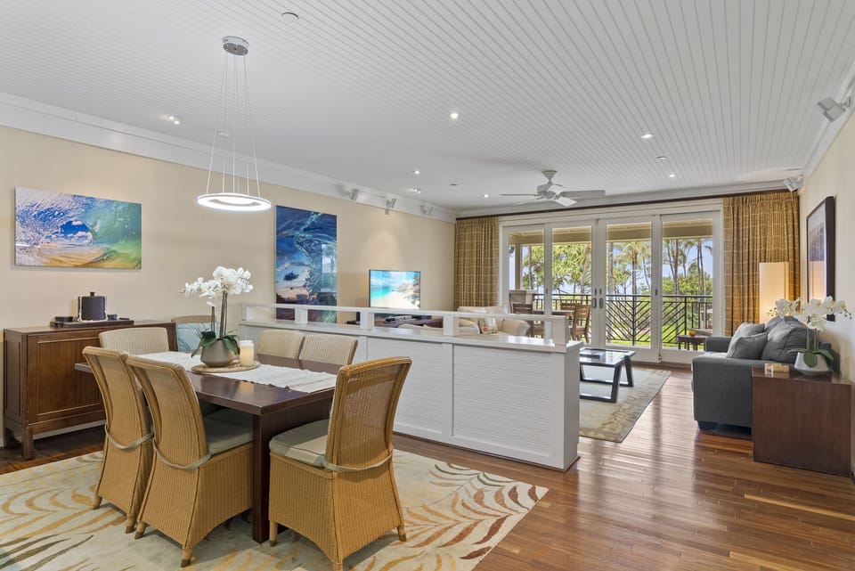 The dining table seats up to six guests
