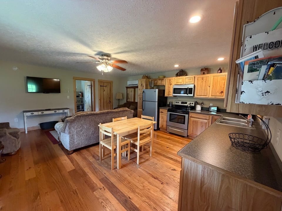 Kitchen and top level seating area