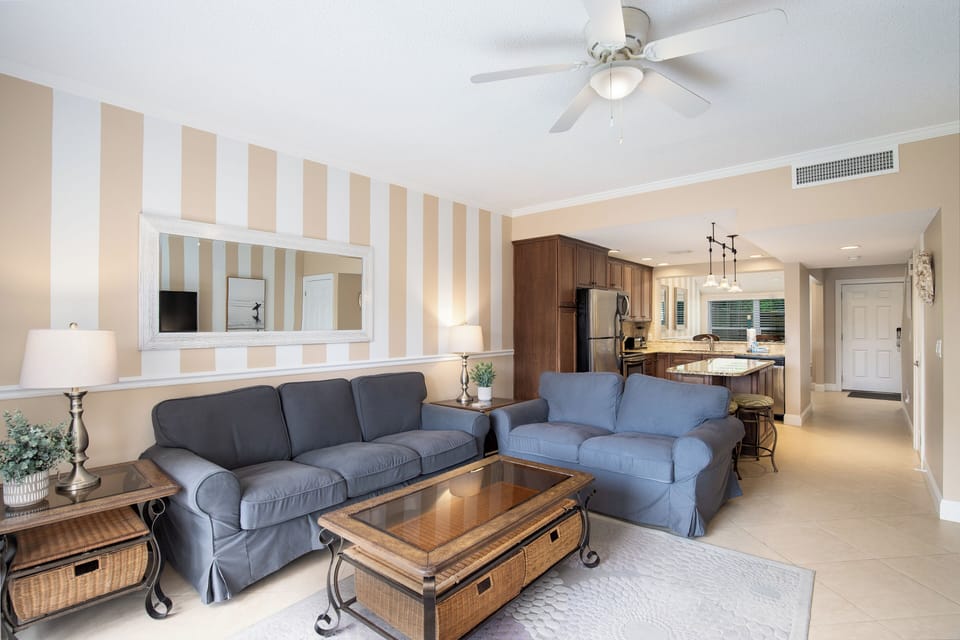 Open living room and kitchen floor plan with bar seating