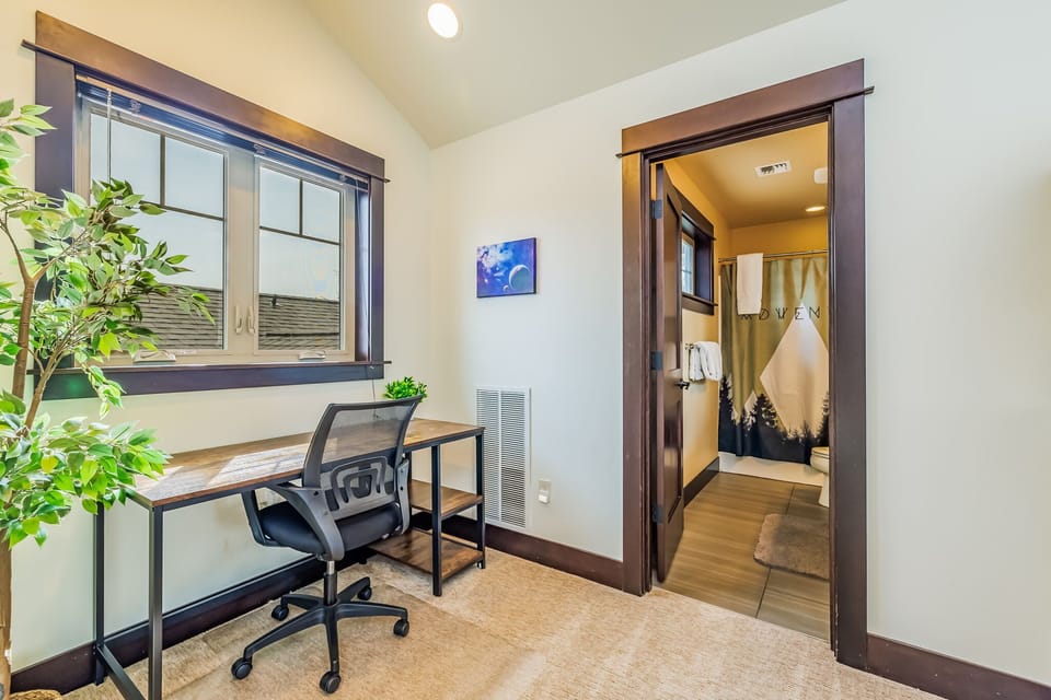 Upper Floor – Expansive Loft with Full Over Full Bunk Bed with Twin Trundle and Well Positioned Professional Desk and Chair