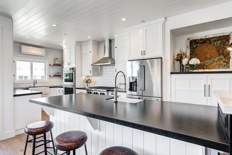 Kitchen is stocked with dishes, cooking, baking and meal prep gear. All standard large and small appliances are included.
                
