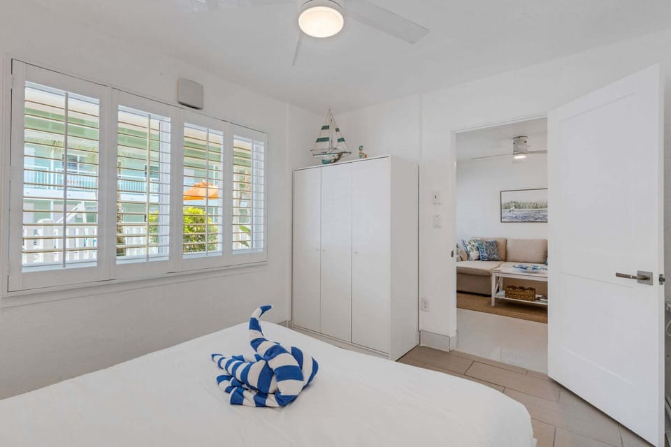 Ample clothing storage and ceiling fan for extra ambiance