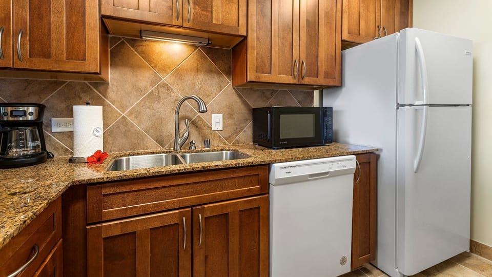 Kitchen sink, fridge, and dishwasher