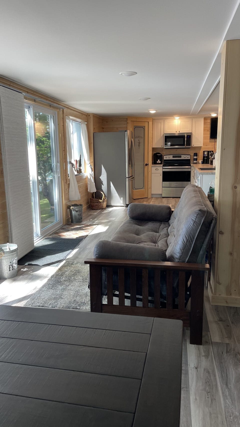View from dining table which is a corner bench style table