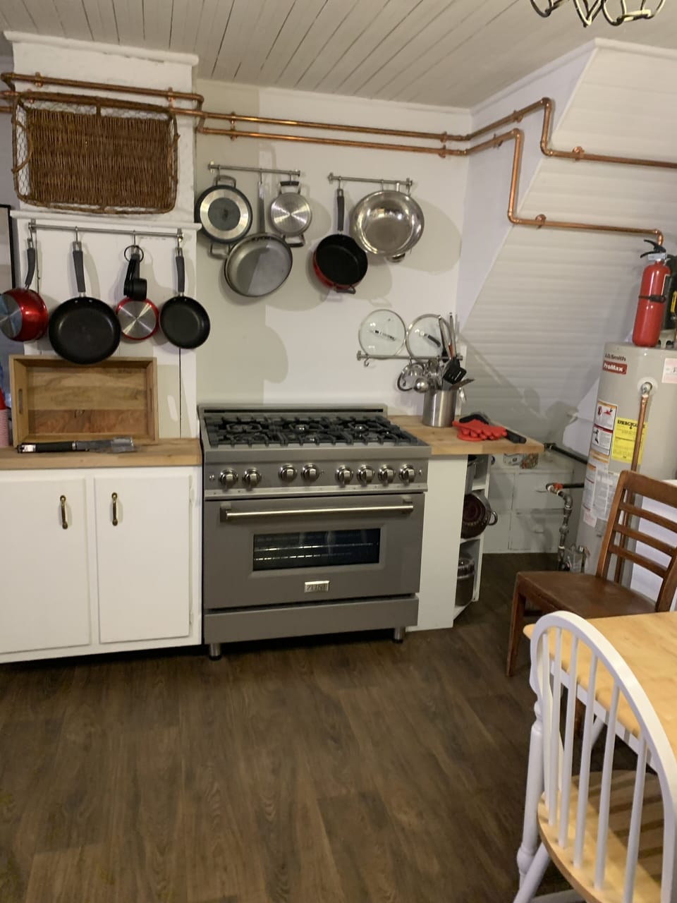 6 burner industrial stove hanging pots & pans to create memoriable meals 