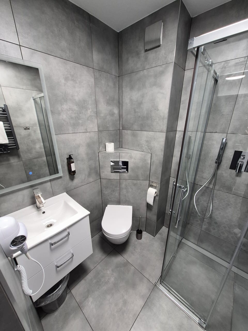 Family Room | Bathroom | Shower, rainfall showerhead, hair dryer, towels