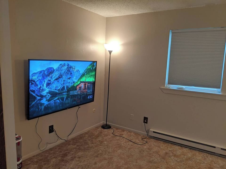 View of TV with blinds closed