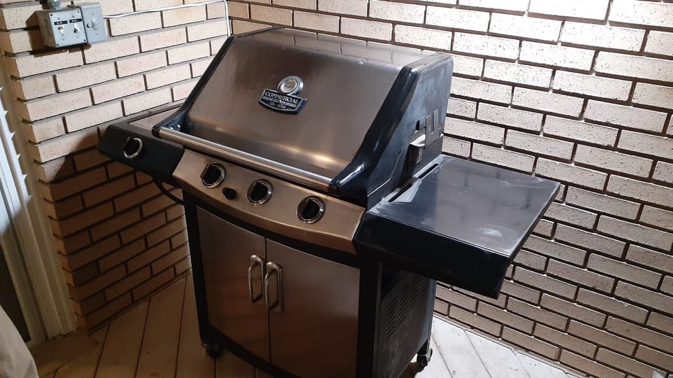 Outdoor propane grill (beneath covered deck)