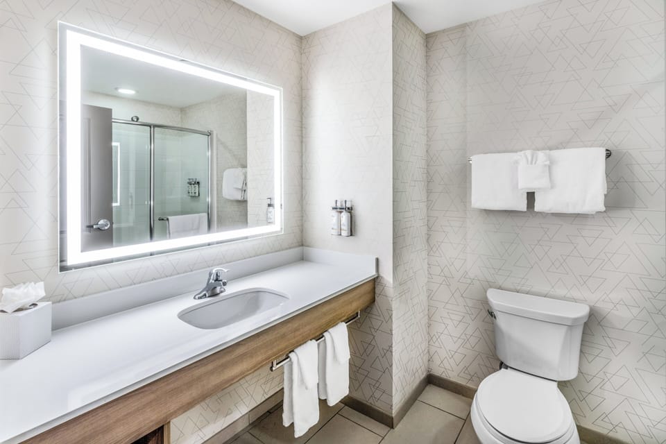 Combined shower/tub, free toiletries, hair dryer, towels