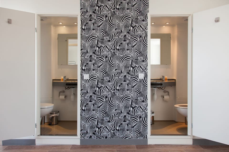 Shower, hair dryer, soap, toilet paper