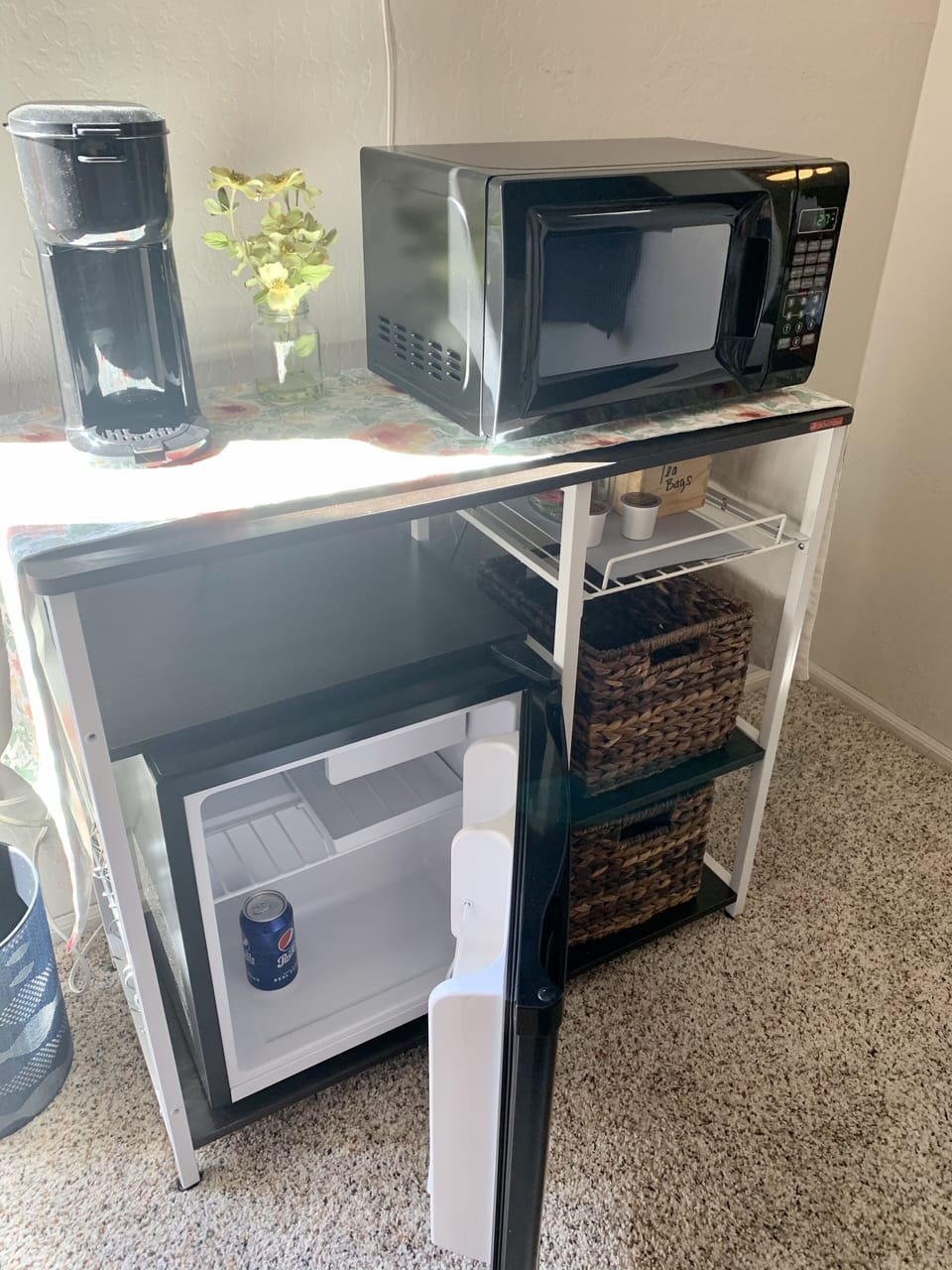Keurig, small refrigerator, microwave