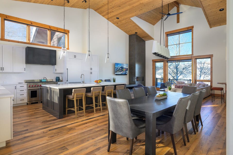 Living room leads into the kitchen and dining area