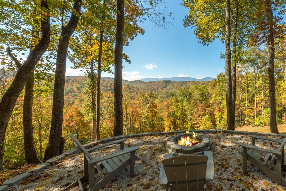 Beautiful outdoor fire-pit with a view of the mountains. 