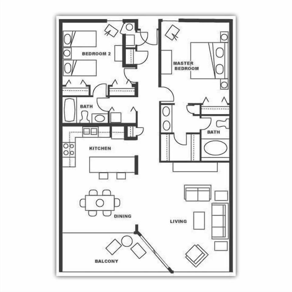 Example Floor plan.  Please see our descriptions and photos for actual furnishings and placement.