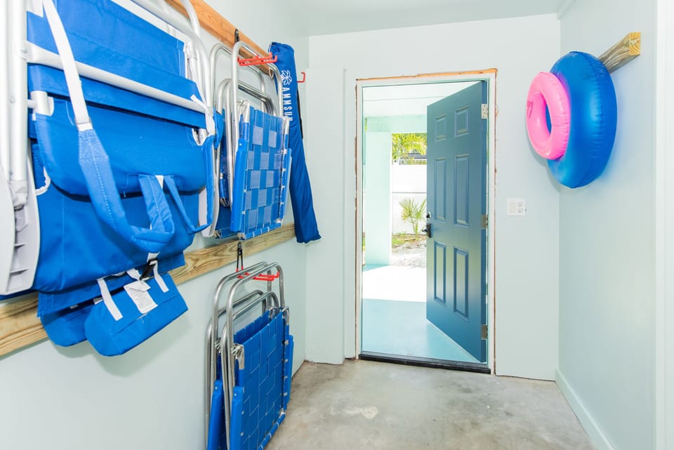 Beach gear located in the ground level storage room