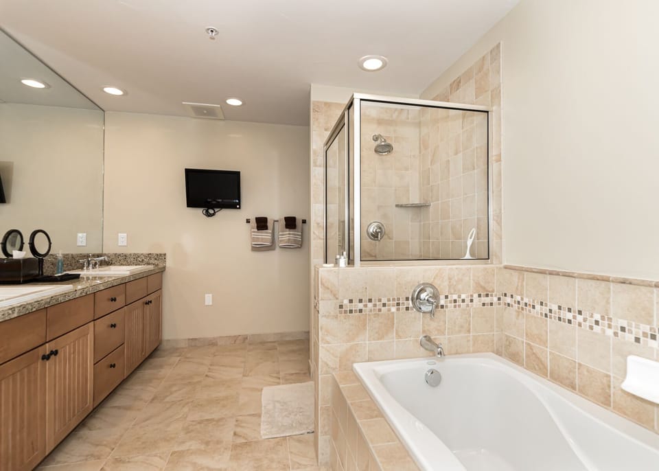 Master Bathroom has a large tub, shower, TV, walk in closet and duel sinks