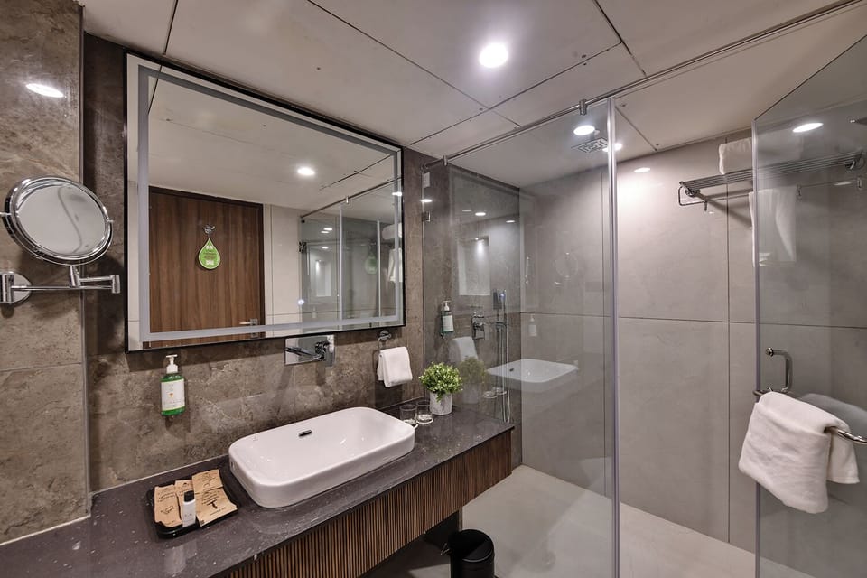 Shower, free toiletries, hair dryer, slippers