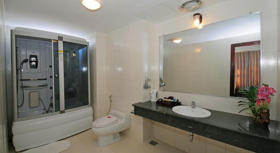 Jetted tub, designer toiletries, hair dryer, bathrobes