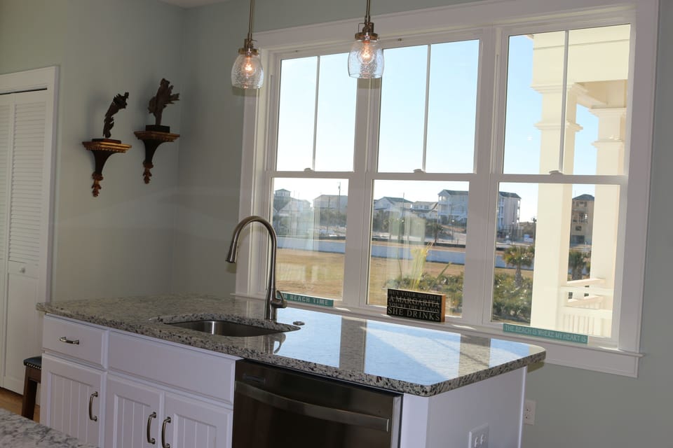 Kitchen with a view of the ocean.