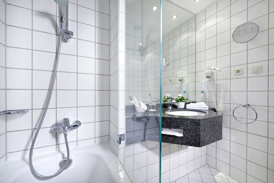 Combined shower/tub, free toiletries, hair dryer, bathrobes