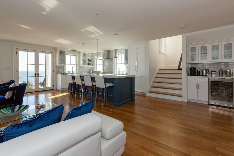 Open floor plan, custom gourmet kitchen