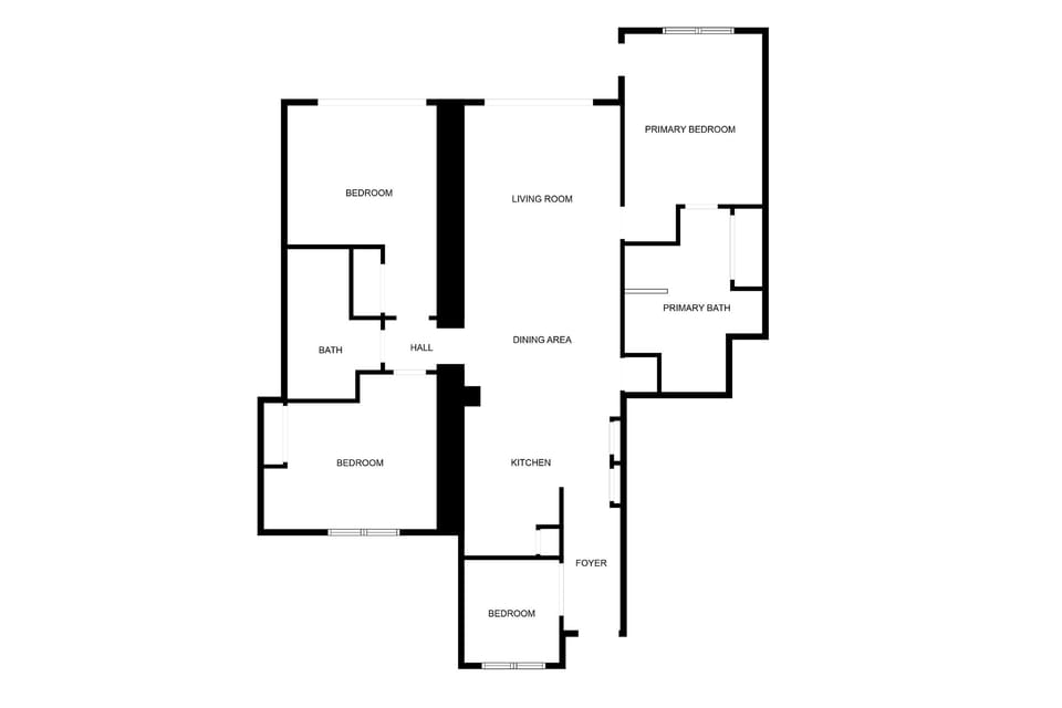 Detailed floor plan showing your spacious retreat with four bedrooms, kitchen, dining area, living room, and two full bathrooms.