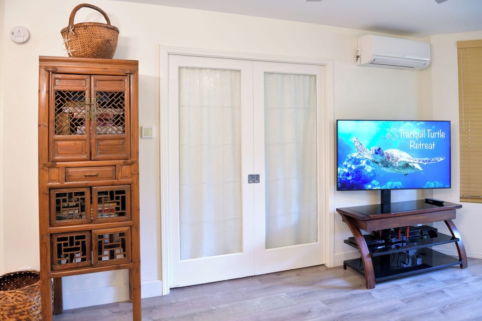 The master bedroom and living room are separated by frosted glass pocket door.