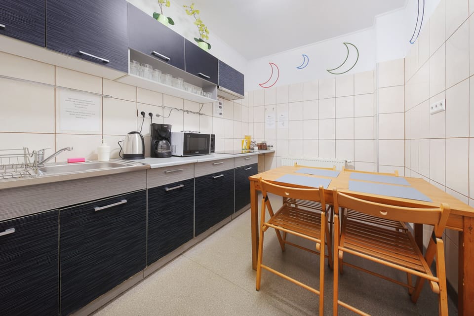 Fridge, microwave, stovetop, cookware/dishes/utensils