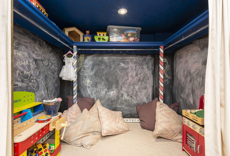 The Garden House second floor: The play area with chalk board walls, toys and games
