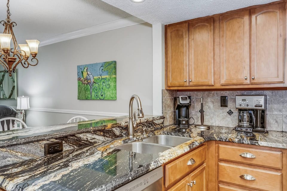 Beautiful granite counter tops and plenty of counter space in the kitchen