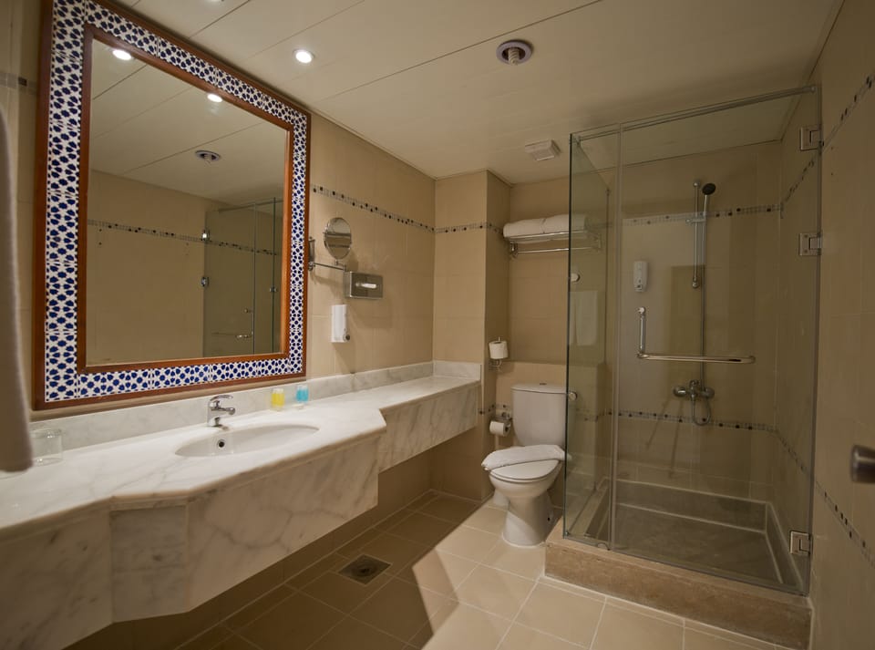 Shower, rainfall showerhead, free toiletries, hair dryer