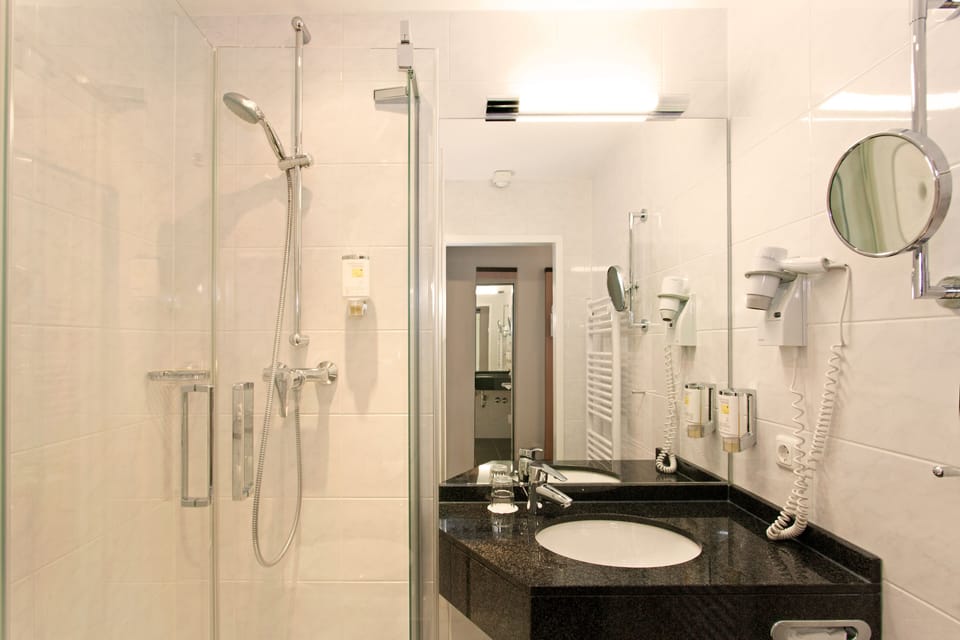 Shower, hair dryer, towels