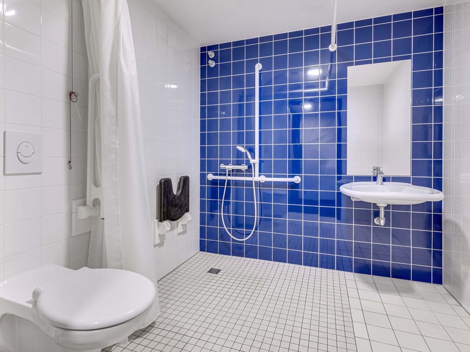 Shower, hair dryer, soap, toilet paper