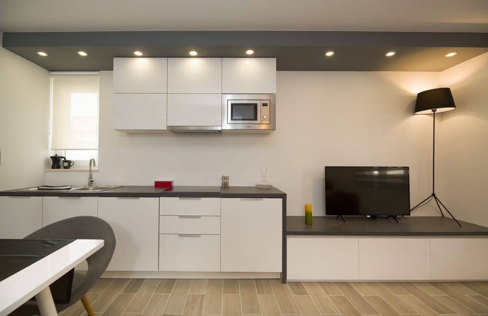 Deluxe Apartment | Private kitchen | Fridge, microwave, stovetop, dishwasher