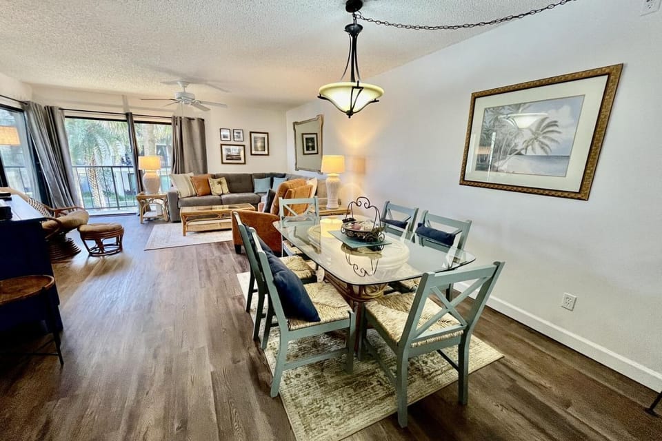 Dining room table seats 6 comfortably.  Open floor plan.