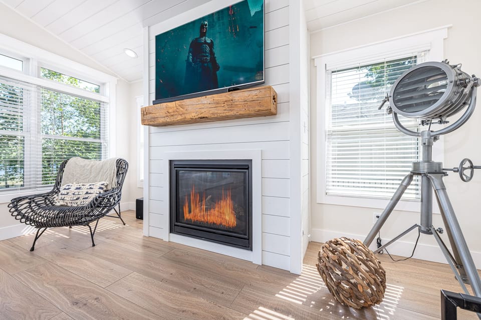 Gas fireplace flips on with a switch! 