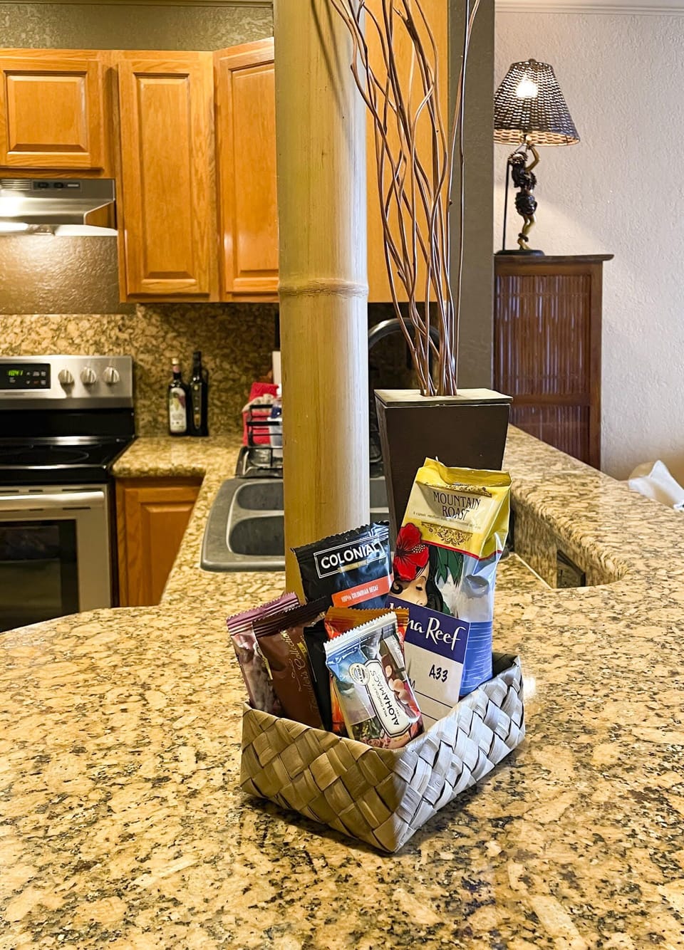 A welcome island goodies basket.