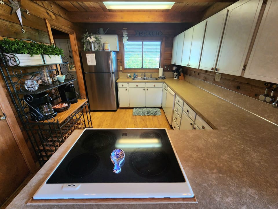 Open Kitchen Area; Fridge/Freezer, Dishwasher, Oven/Glass Stove Top. 