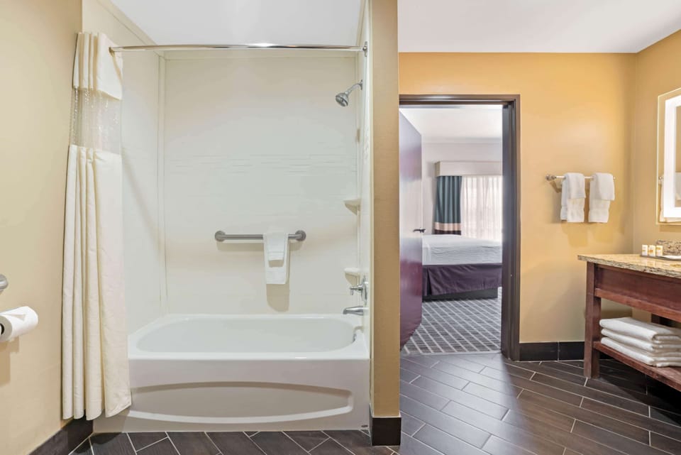 Eco-friendly toiletries, hair dryer, towels
