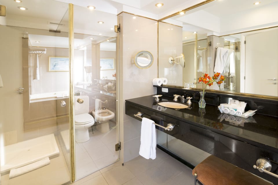 Rainfall showerhead, eco-friendly toiletries, towels