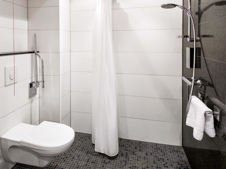 Shower, hair dryer, soap, shampoo