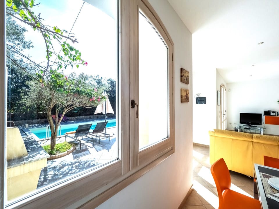 View of pool from dining area