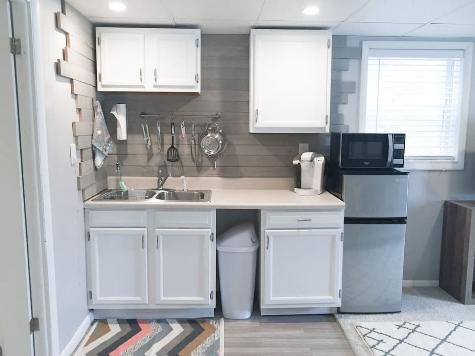 Kitchenette With Wood Backdrop! Portable Induction Burner Available For Cooking! 