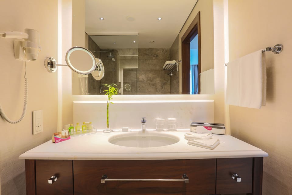 Combined shower/tub, free toiletries, hair dryer, bathrobes