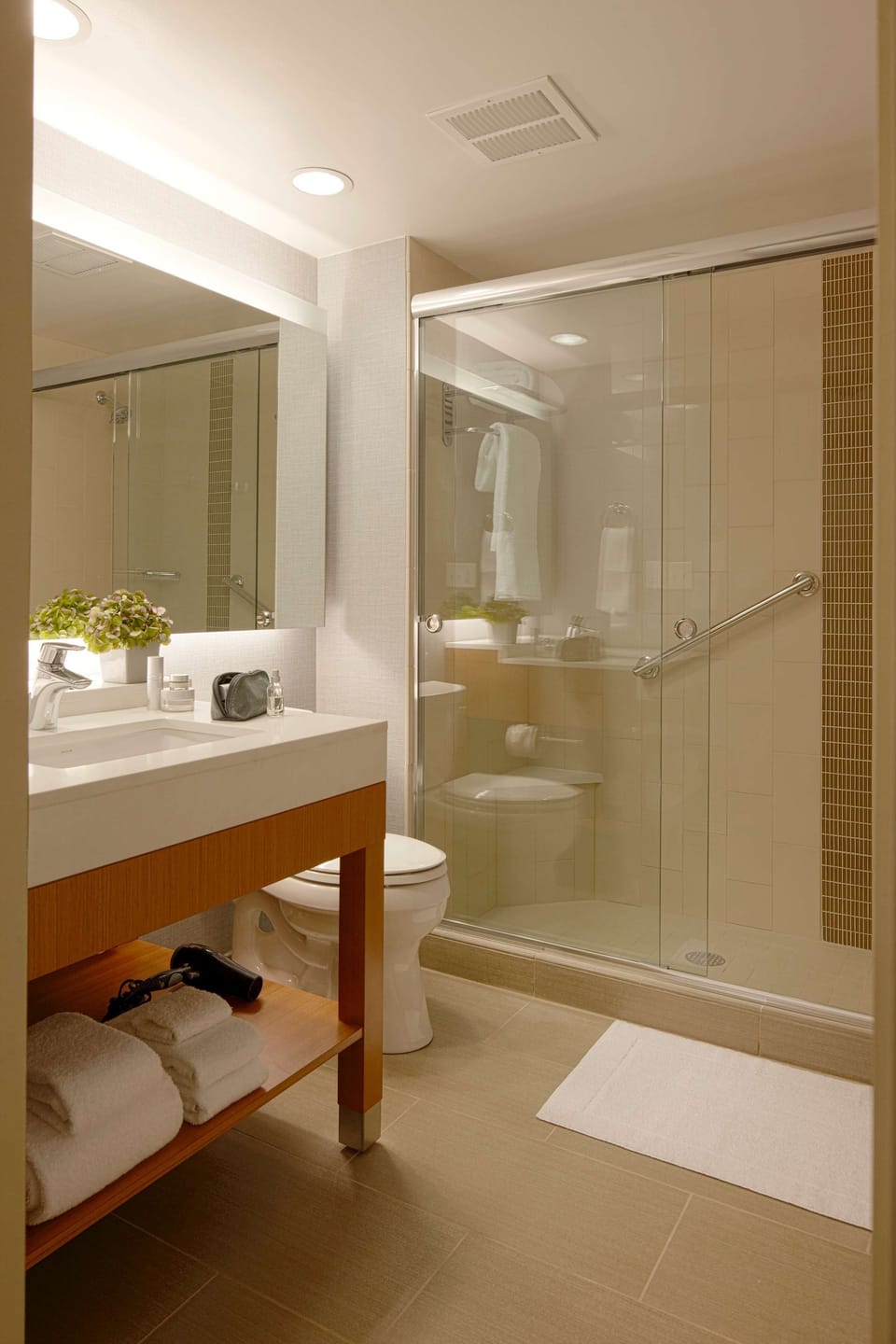Designer toiletries, hair dryer, towels