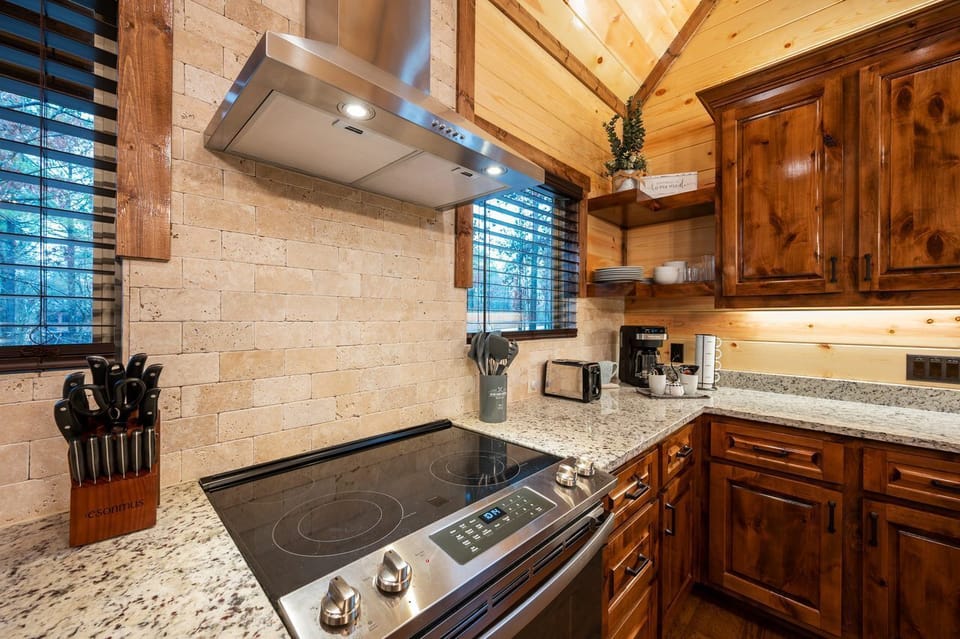 Completely stocked kitchen, complete with coffee maker.