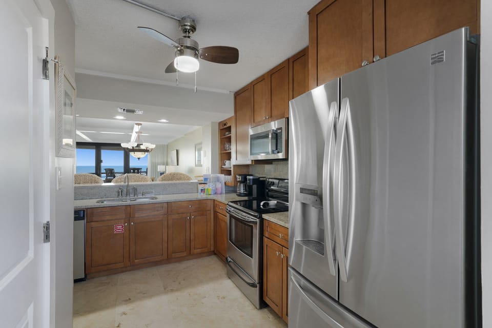 Full kitchen with stainless steel appliances with Gulf Views
